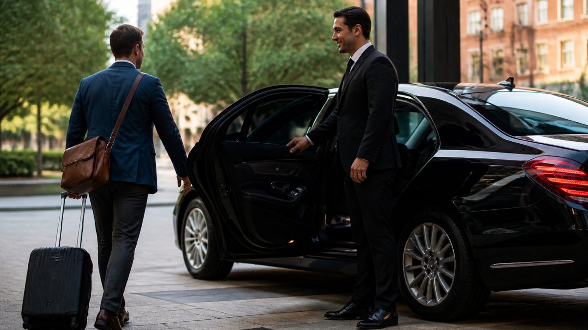 Professional chauffeur in a suit opening a sedan door for a traveler with luggage at dusk