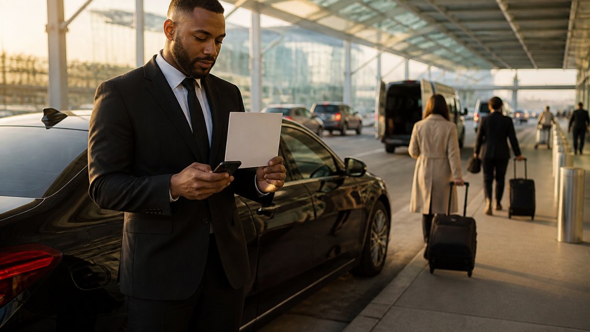 Professional chauffeur waiting with a sign for an airport car service at the curbside with luggage nearby